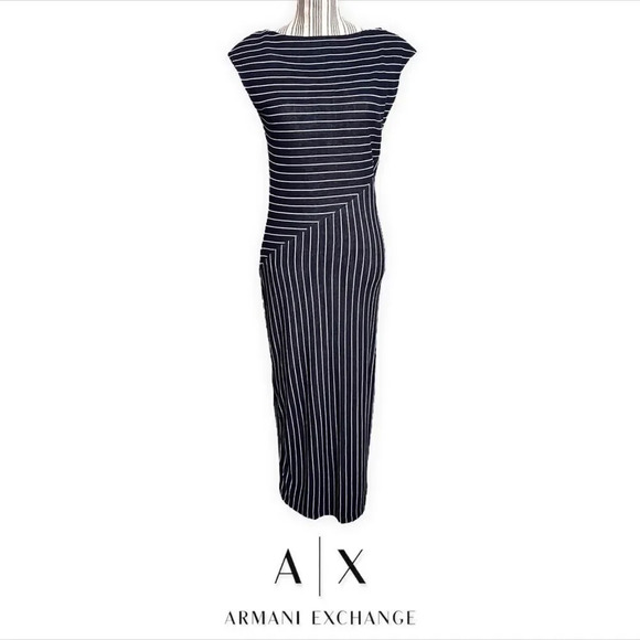 ARMANI EXCHANGE | Navy | White Stripes Midi Dress - Picture 1 of 8